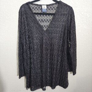 Womens Faded Glory Swim Cover-Up Top 2X Black Sheer Metallic Zigzag Knit V-Neck